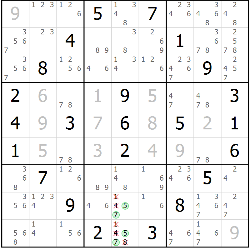 Position des candidats pour la solution de la Gr 53 page 56 du magazine de sudoku Suprême n° 034