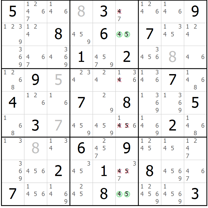Position des candidats pour la solution de la Gr 54 page 57 du magazine de sudoku Suprême n° 034