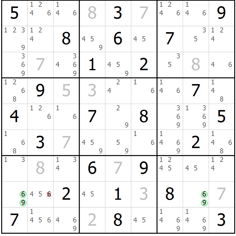 Position des candidats pour la solution de la Gr 54 page 57 du magazine de sudoku Suprême n° 034