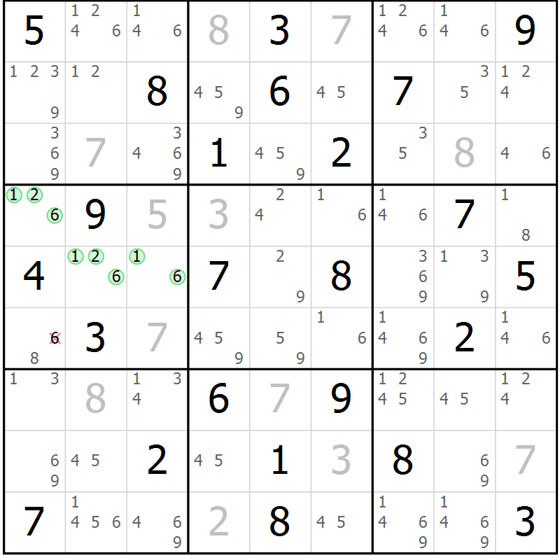 Position des candidats pour la solution de la Gr 54 page 57 du magazine de sudoku Suprême n° 034