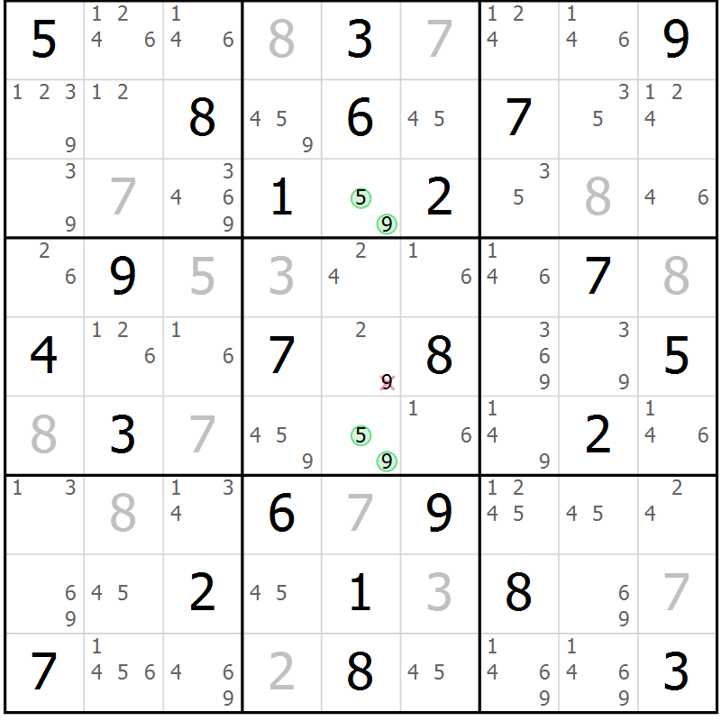 Position des candidats pour la solution de la Gr 54 page 57 du magazine de sudoku Suprême n° 034