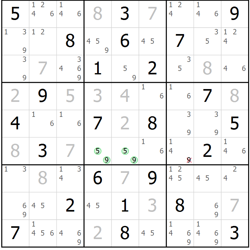Position des candidats pour la solution de la Gr 54 page 57 du magazine de sudoku Suprême n° 034