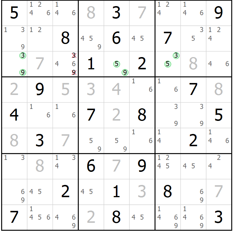 Position des candidats pour la solution de la Gr 54 page 57 du magazine de sudoku Suprême n° 034