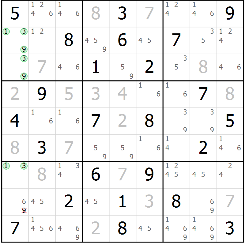 Position des candidats pour la solution de la Gr 54 page 57 du magazine de sudoku Suprême n° 034