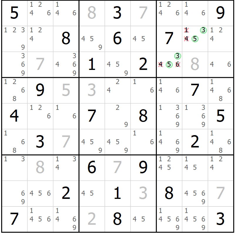Position des candidats pour la solution de la Gr 54 page 57 du magazine de sudoku Suprême n° 034