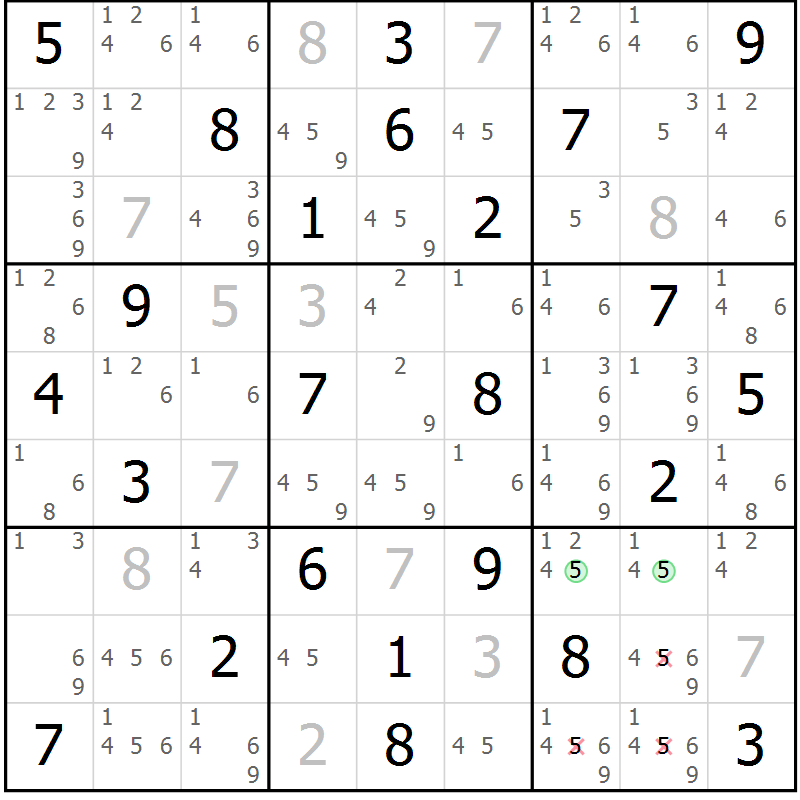 Position des candidats pour la solution de la Gr 54 page 57 du magazine de sudoku Suprême n° 034