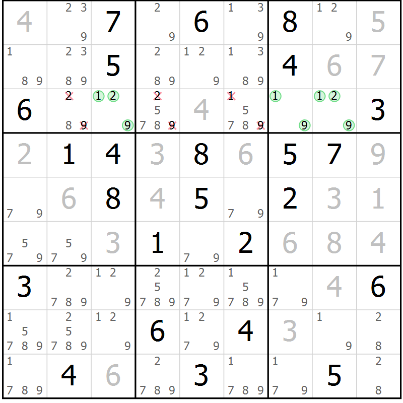 Position des candidats pour la solution de la Gr 55 page 58 du magazine de sudoku Suprême n° 034