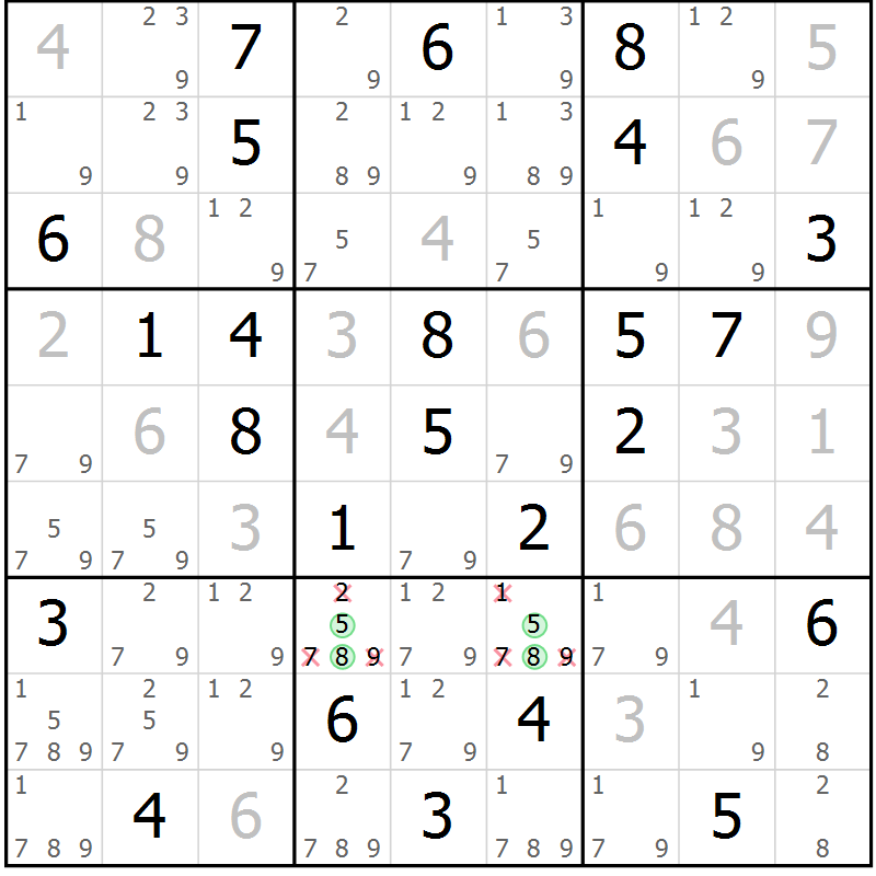 Position des candidats pour la solution de la Gr 55 page 58 du magazine de sudoku Suprême n° 034