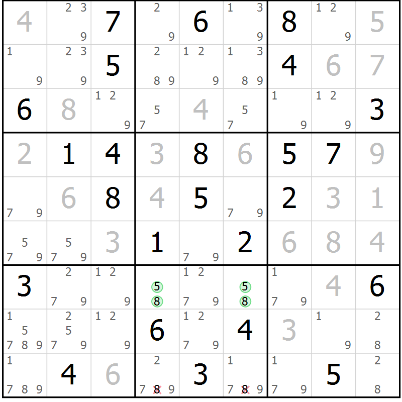 Position des candidats pour la solution de la Gr 55 page 58 du magazine de sudoku Suprême n° 034