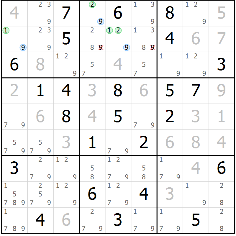 Position des candidats pour la solution de la Gr 55 page 58 du magazine de sudoku Suprême n° 034