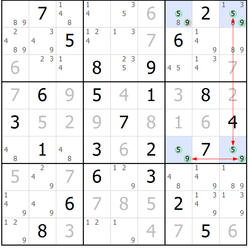Position des candidats pour la solution de la Gr 56 page 59 du magazine de sudoku Suprême n° 034