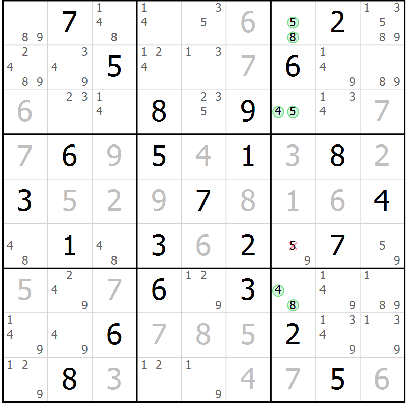 Position des candidats pour la solution de la Gr 56 page 59 du magazine de sudoku Suprême n° 034