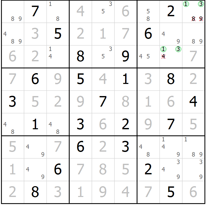 Position des candidats pour la solution de la Gr 56 page 59 du magazine de sudoku Suprême n° 034