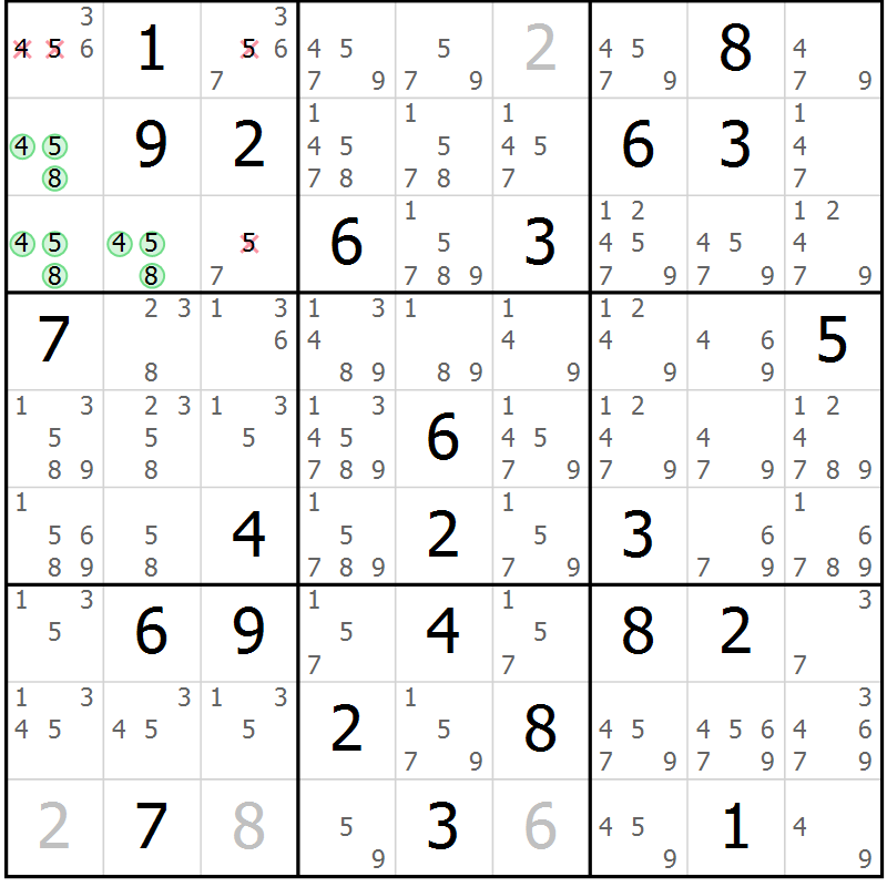 Position des candidats pour la solution de la Gr 57 page 60 du magazine de sudoku Suprême n° 034