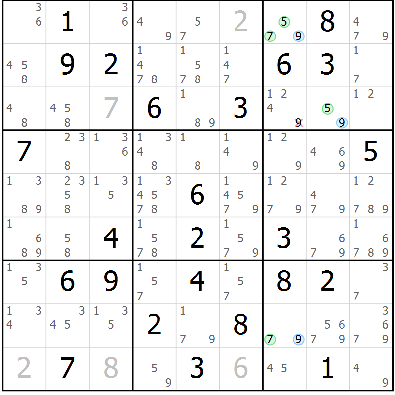 Position des candidats pour la solution de la Gr 57 page 60 du magazine de sudoku Suprême n° 034