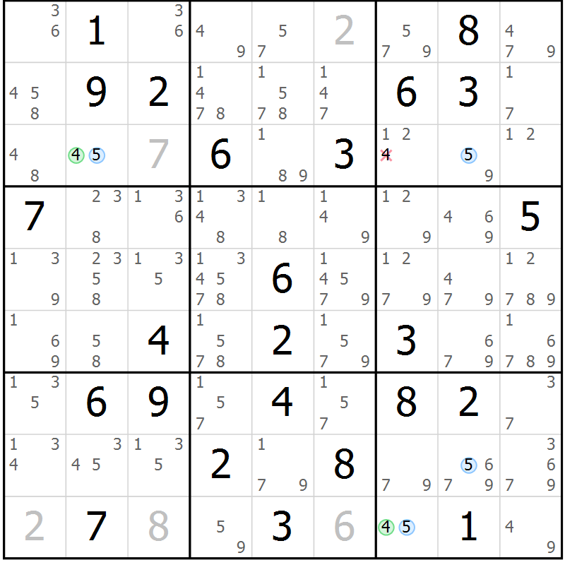 Position des candidats pour la solution de la Gr 57 page 60 du magazine de sudoku Suprême n° 034