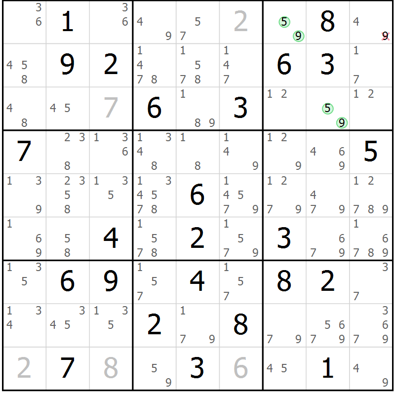 Position des candidats pour la solution de la Gr 57 page 60 du magazine de sudoku Suprême n° 034