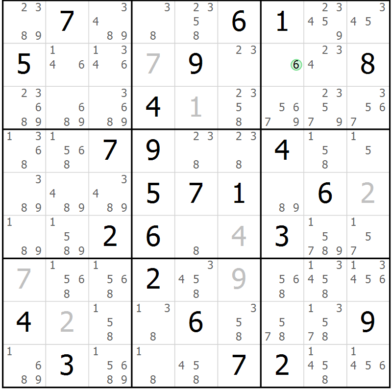 Position des candidats pour la solution de la Gr 58 page 61 du magazine de sudoku Suprême n° 034
