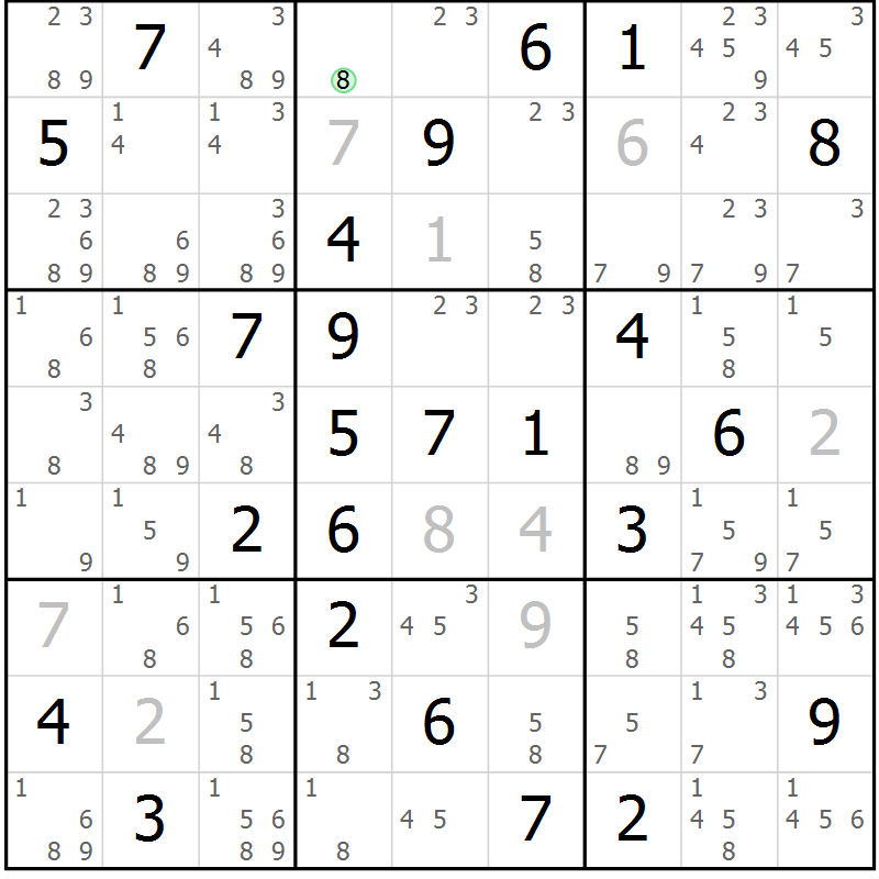 Position des candidats pour la solution de la Gr 58 page 61 du magazine de sudoku Suprême n° 034