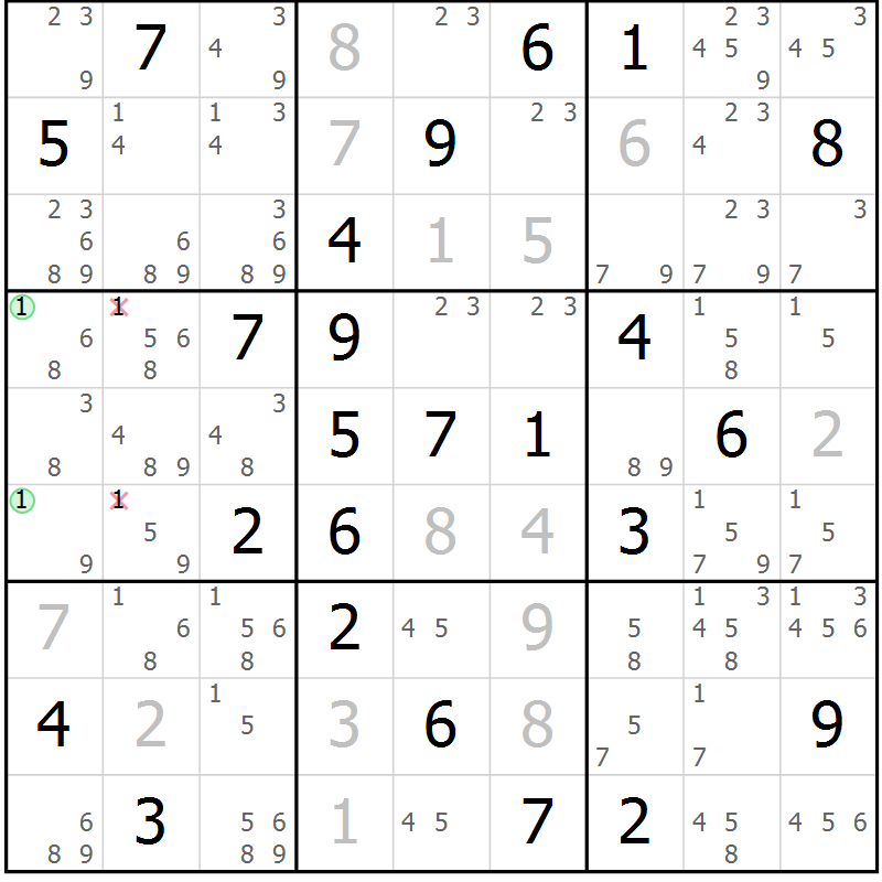 Position des candidats pour la solution de la Gr 58 page 61 du magazine de sudoku Suprême n° 034