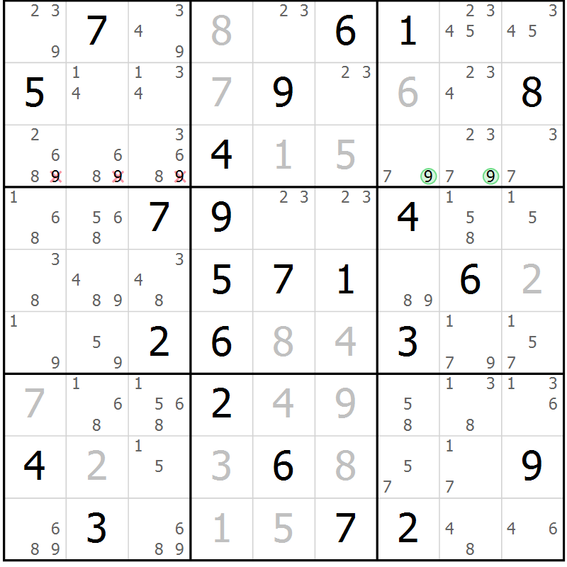 Position des candidats pour la solution de la Gr 58 page 61 du magazine de sudoku Suprême n° 034