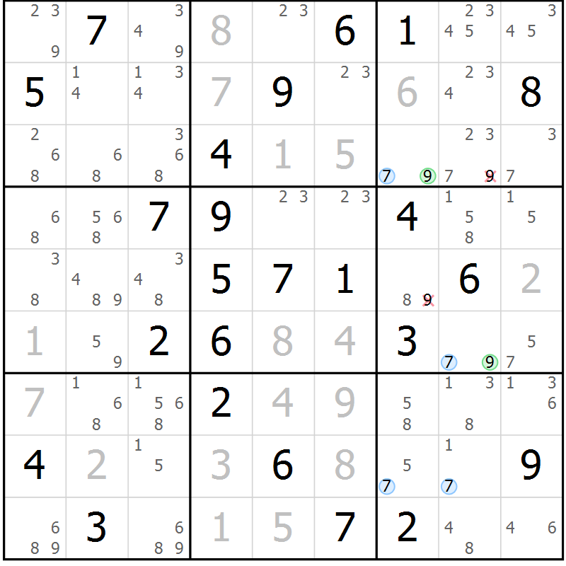 Position des candidats pour la solution de la Gr 58 page 61 du magazine de sudoku Suprême n° 034