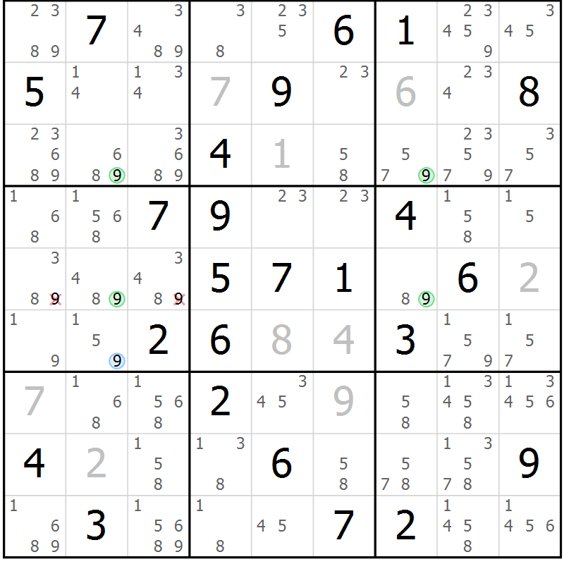 Position des candidats pour la solution de la Gr 58 page 61 du magazine de sudoku Suprême n° 034