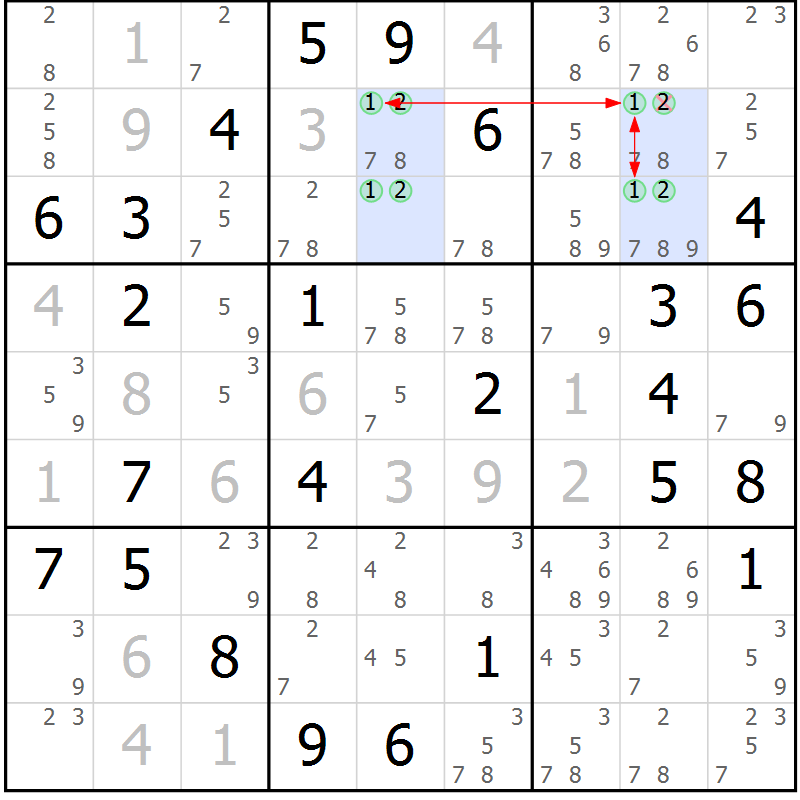 Position des candidats pour la solution de la Gr 59 page 62 du magazine de sudoku Suprême n° 034