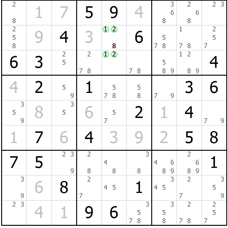 Position des candidats pour la solution de la Gr 59 page 62 du magazine de sudoku Suprême n° 034