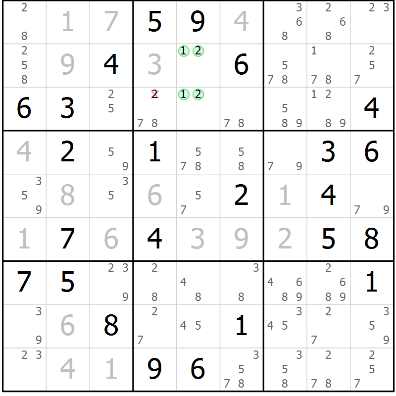 Position des candidats pour la solution de la Gr 59 page 62 du magazine de sudoku Suprême n° 034