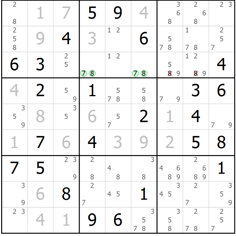 Position des candidats pour la solution de la Gr 59 page 62 du magazine de sudoku Suprême n° 034