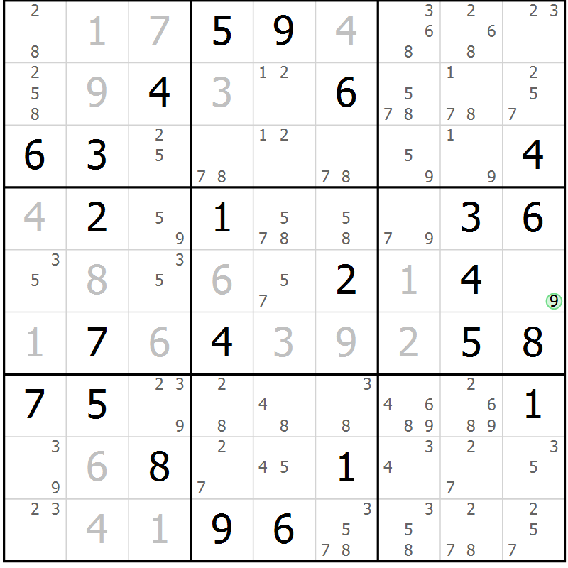 Position des candidats pour la solution de la Gr 59 page 62 du magazine de sudoku Suprême n° 034