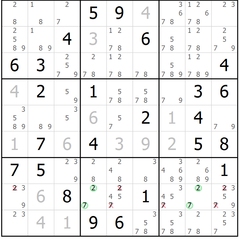 Position des candidats pour la solution de la Gr 59 page 62 du magazine de sudoku Suprême n° 034