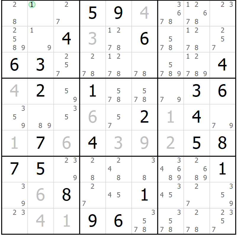 Position des candidats pour la solution de la Gr 59 page 62 du magazine de sudoku Suprême n° 034