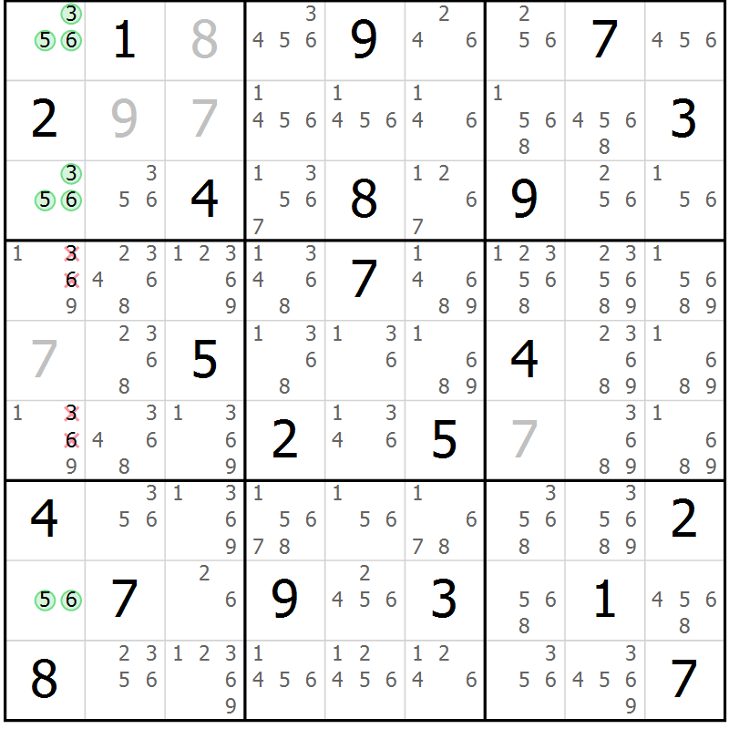 Position des candidats pour la solution de la Gr 6 page 9 du magazine de sudoku Suprême n° 034