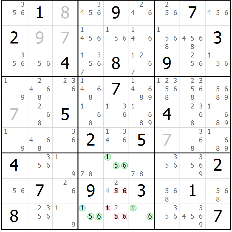 Position des candidats pour la solution de la Gr 6 page 9 du magazine de sudoku Suprême n° 034