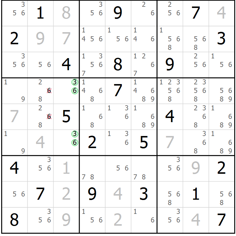 Position des candidats pour la solution de la Gr 6 page 9 du magazine de sudoku Suprême n° 034
