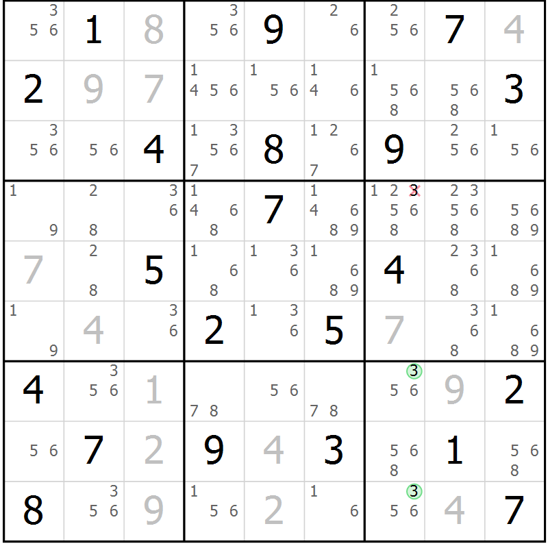 Position des candidats pour la solution de la Gr 6 page 9 du magazine de sudoku Suprême n° 034