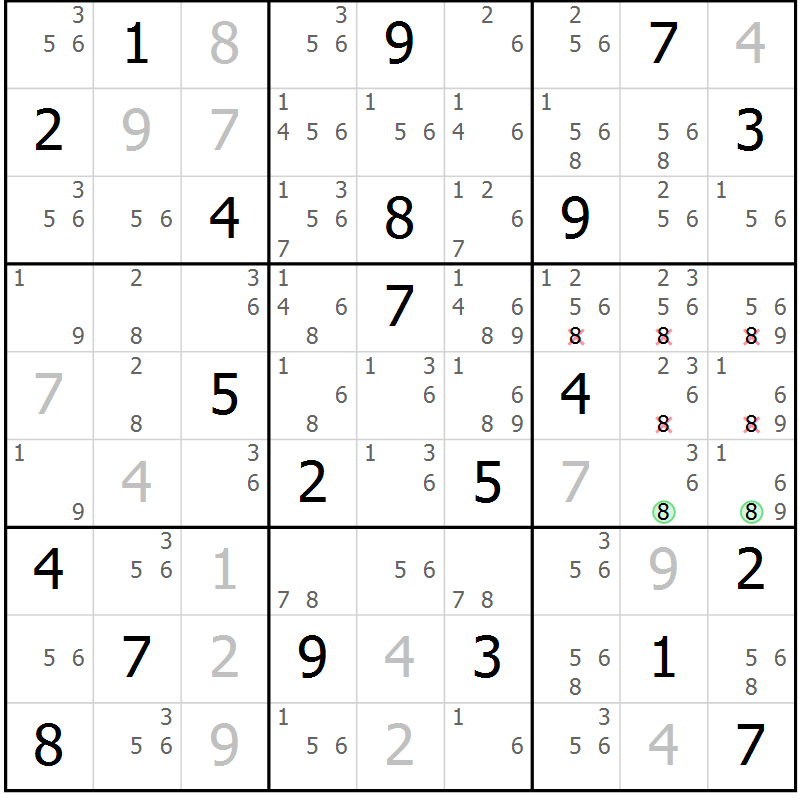 Position des candidats pour la solution de la Gr 6 page 9 du magazine de sudoku Suprême n° 034