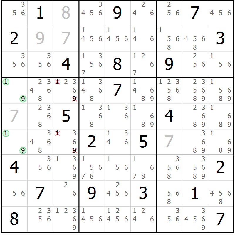 Position des candidats pour la solution de la Gr 6 page 9 du magazine de sudoku Suprême n° 034