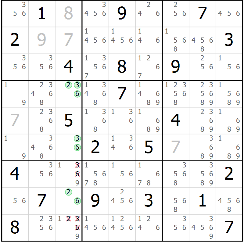 Position des candidats pour la solution de la Gr 6 page 9 du magazine de sudoku Suprême n° 034