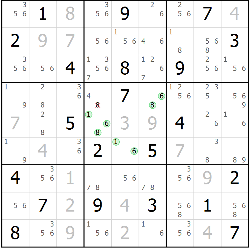Position des candidats pour la solution de la Gr 6 page 9 du magazine de sudoku Suprême n° 034