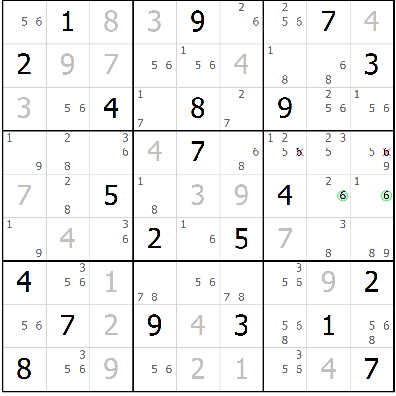 Position des candidats pour la solution de la Gr 6 page 9 du magazine de sudoku Suprême n° 034