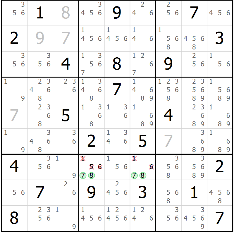 Position des candidats pour la solution de la Gr 6 page 9 du magazine de sudoku Suprême n° 034