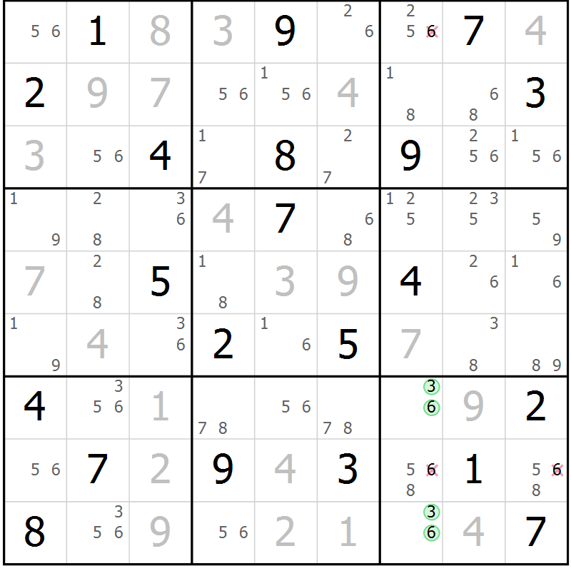 Position des candidats pour la solution de la Gr 6 page 9 du magazine de sudoku Suprême n° 034