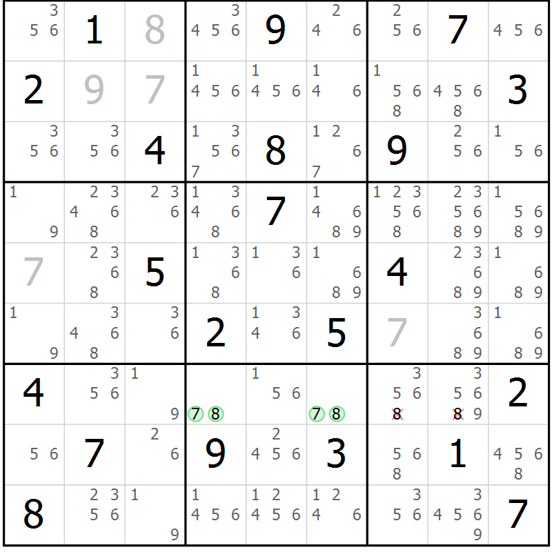 Position des candidats pour la solution de la Gr 6 page 9 du magazine de sudoku Suprême n° 034