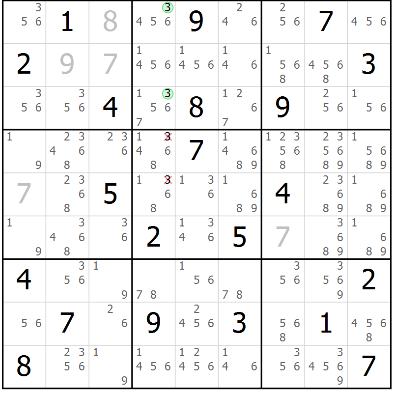 Position des candidats pour la solution de la Gr 6 page 9 du magazine de sudoku Suprême n° 034