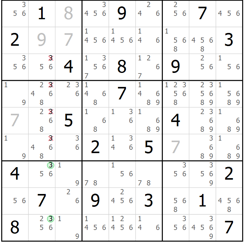 Position des candidats pour la solution de la Gr 6 page 9 du magazine de sudoku Suprême n° 034