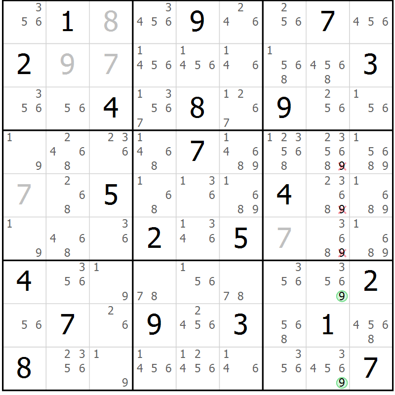Position des candidats pour la solution de la Gr 6 page 9 du magazine de sudoku Suprême n° 034