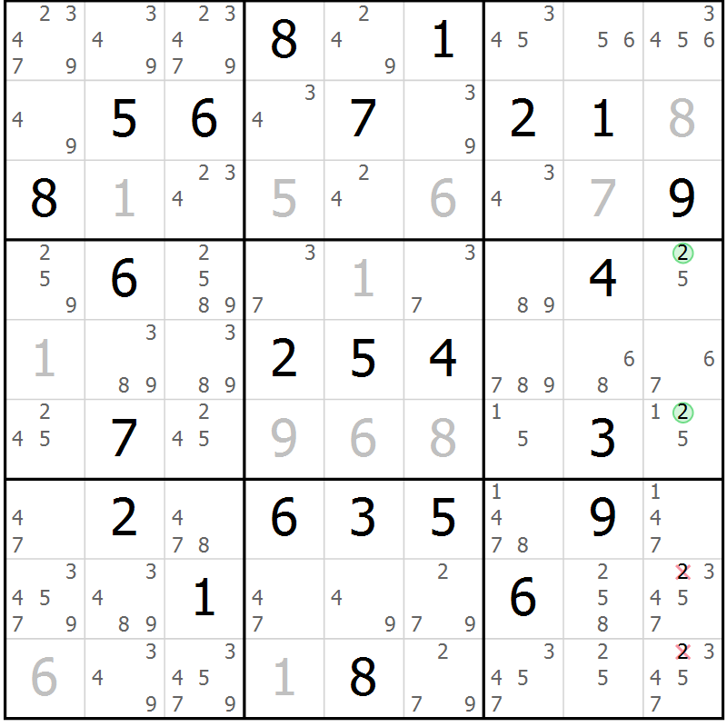Position des candidats pour la solution de la Gr 60 page 63 du magazine de sudoku Suprême n° 034